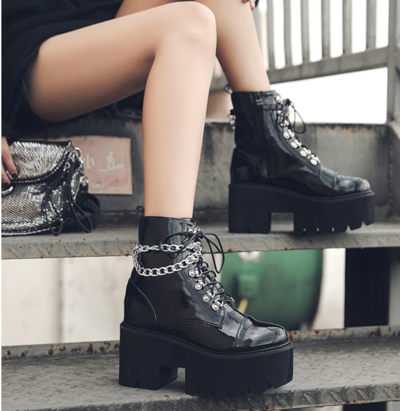 Patent Leather Gothic Chain Black Boots