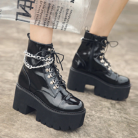 Patent Leather Gothic Chain Black Boots - Thumbnail 4