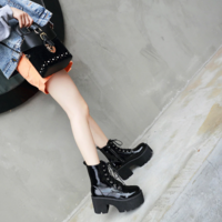 Side Zip Chunky Heels Lace up Black Boots - Thumbnail 2