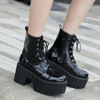 Side Zip Chunky Heels Lace up Black Boots - Thumbnail 1
