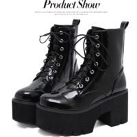 Side Zip Chunky Heels Lace up Black Boots - Thumbnail 3