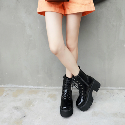 Side zip chunky heels lace up black boots
