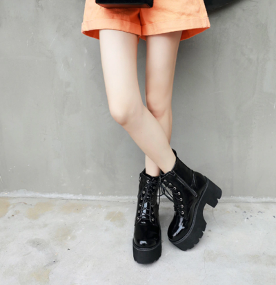 Side Zip Chunky Heels Lace up Black Boots