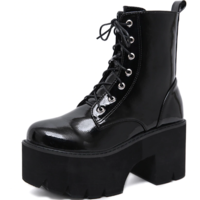 Side Zip Chunky Heels Lace up Black Boots - Thumbnail 4