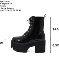 Side Zip Chunky Heels Lace up Black Boots - Thumbnail 6