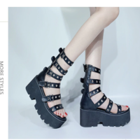 Gothic Rock Peep Toe Chunky Heels Platform Sandals - Thumbnail 3