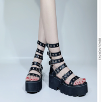Gothic Rock Peep Toe Chunky Heels Platform Sandals - Thumbnail 5
