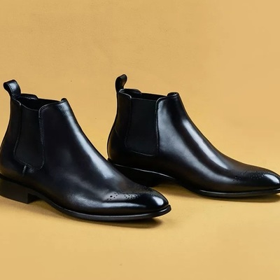 Stylish handmade men black leather chelsea boots, men’s brogue toe boots - Thumbnail 1