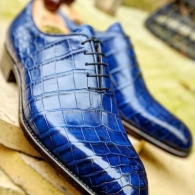 Handmade men's blue crocodile texture leather oxford shoes