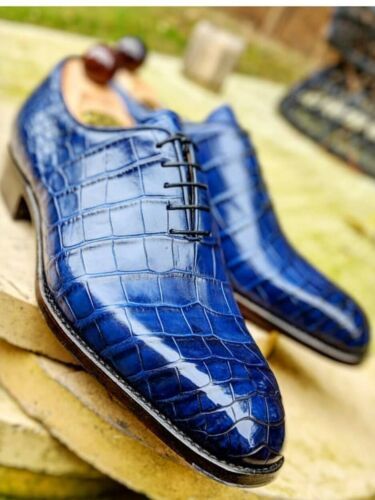 Handmade Men's Blue Crocodile Texture Leather Oxford Shoes