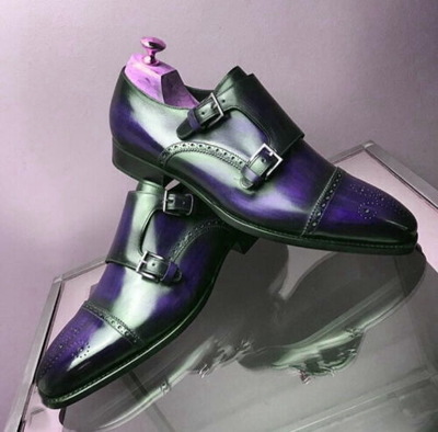 Two Tone Blue Black Monk Brogue Cap Toe Double Buckle Strap Men's Leather Shoes