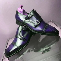 Two Tone Blue Black Monk Brogue Cap Toe Double Buckle Strap Men's Leather Shoes - Thumbnail 4