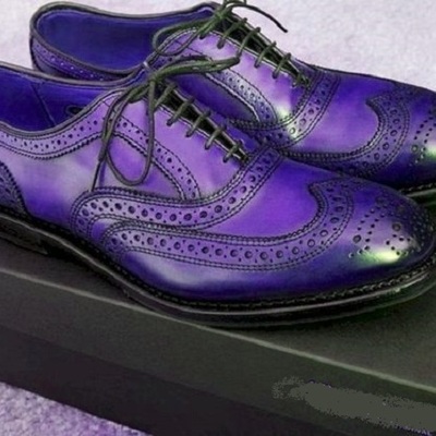 Oxford brogue purple burnished wingtip real leather party wear men dress shoes