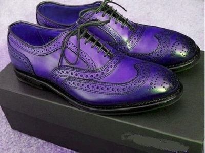 Oxford Brogue Purple Burnished Wingtip Real Leather Party Wear Men Dress Shoes