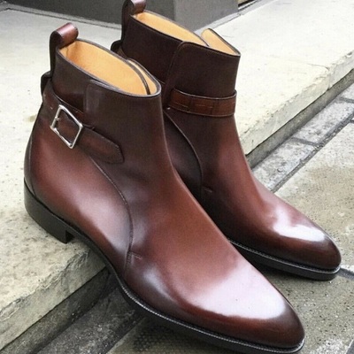 New handmade pure brown shaded leather ankle strap boots for men's - Thumbnail 3