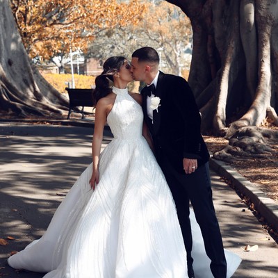 Luxurious ball gown hlater high neck backless sequins wedding dresses with pockets