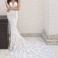 Mermaid Spaghetti Strap Floral Lace Bridal Long Gowns Wedding Dresses with Train - Thumbnail 1