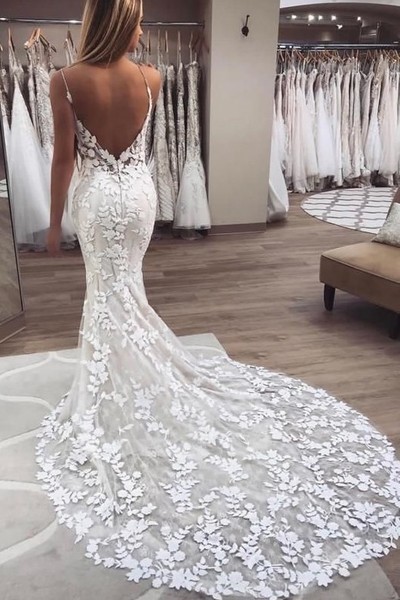 Mermaid Spaghetti Strap Floral Lace Bridal Long Gowns Wedding Dresses with Train