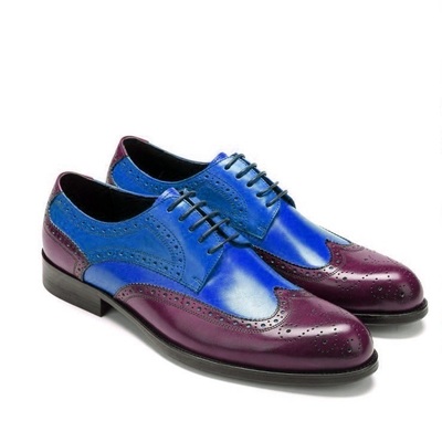 Two tone blue maroon men's oxford brogue vintage leather handmade dress shoes