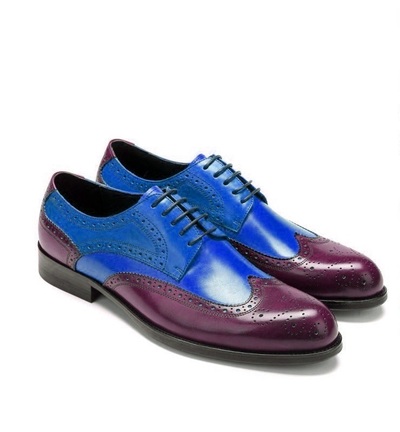 Two Tone Blue Maroon Men's Oxford Brogue Vintage Leather Handmade Dress Shoes