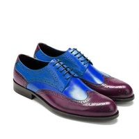 Two Tone Blue Maroon Men's Oxford Brogue Vintage Leather Handmade Dress Shoes - Thumbnail 1