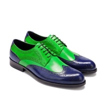 Men's Green Blue Oxford Brogue Wingtip Genuine Leather handcrafted Luxury Shoes - Thumbnail 1