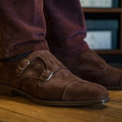 Mens cap toe dark brown suede handmade leather formal wear monk shoes