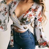 Plunge Floral Print Mesh Bell Sleeve Bandage Blouse - Thumbnail 2