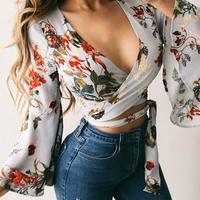 Plunge Floral Print Mesh Bell Sleeve Bandage Blouse - Thumbnail 3