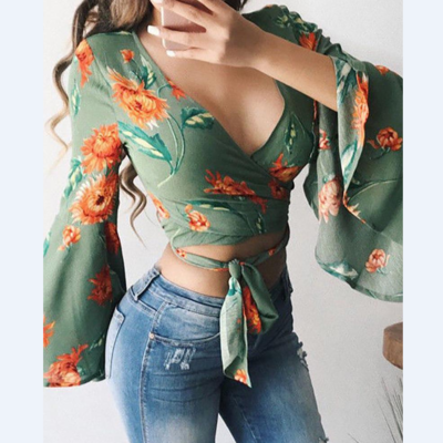 Plunge floral print mesh bell sleeve bandage blouse - Thumbnail 5