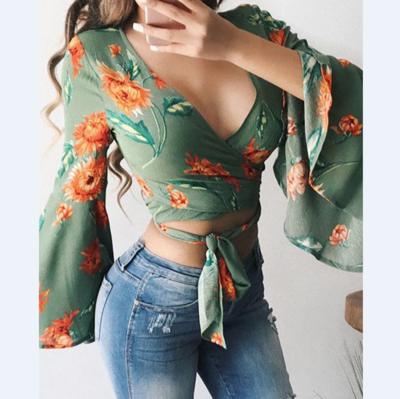 Plunge Floral Print Mesh Bell Sleeve Bandage Blouse