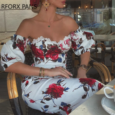 Short sleeve floral print sexy bodycon dress - Thumbnail 4