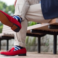 Red Tassel Loafer Slip On Shoes Suede Premium Leather Rounded Apron Toe Men's - Thumbnail 1