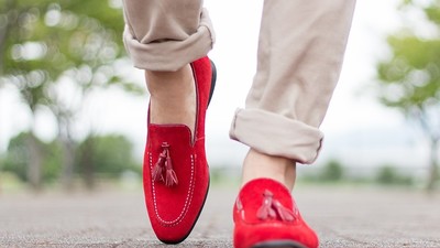 Red Tassel Loafer Slip On Shoes Suede Premium Leather Rounded Apron Toe Men's