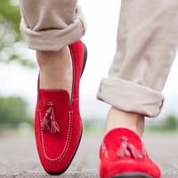 Red Tassel Loafer Slip On Shoes Suede Premium Leather Rounded Apron Toe Men's - Thumbnail 5