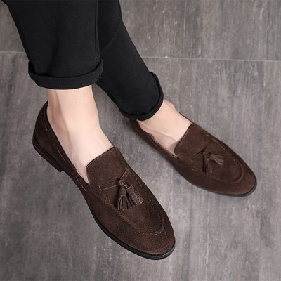 Tassel Loafer Slips On Brown Suede Real Leather Men Casual Wear Handmade Shoes