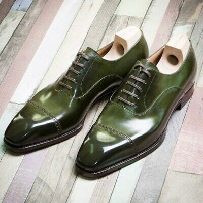 Made to order green color derby cap toe handmade genuine leather laceup shoes