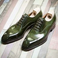 Made To Order Green Color Derby Cap Toe Handmade Genuine Leather Laceup Shoes - Thumbnail 4