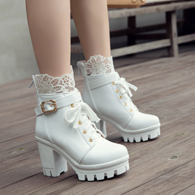 Gothic Kawaii White and Black Ankle Boots with Lace Details