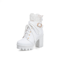 Gothic Kawaii White and Black Ankle Boots with Lace Details - Thumbnail 3