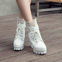 Gothic Kawaii White and Black Ankle Boots with Lace Details - Thumbnail 1