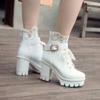 Gothic Kawaii White and Black Ankle Boots with Lace Details - Thumbnail 2