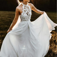 Simple A-Line Halter Sleeveless Chiffon Long Beach Summer Wedding Dress with Lace,565 - Thumbnail 1