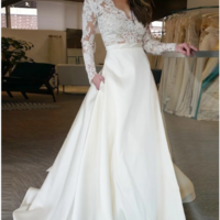 Elegant A-Line V-Neck Long Sleeves Off White Floor Length Prom/Wedding Dress With Lace Top,567 - Thumbnail 2