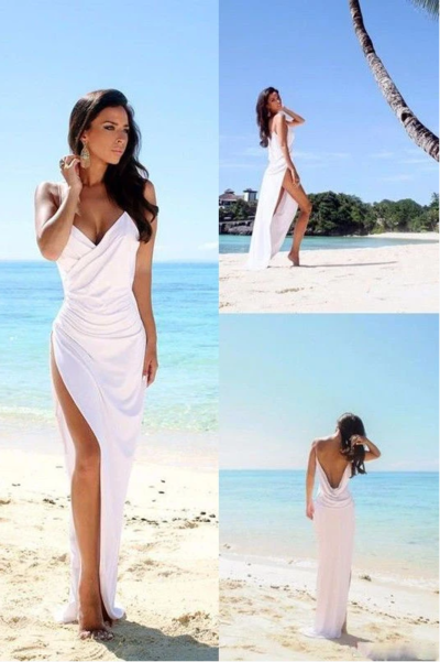 Sexy Backless Beach Bridal Dress,Slit Spaghetti Straps Summer White Wedding Gown,568