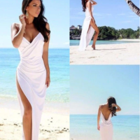 Sexy Backless Beach Bridal Dress,Slit Spaghetti Straps Summer White Wedding Gown,568 - Thumbnail 1