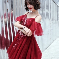 Burgundy lace short prom dress party dress - Thumbnail 1