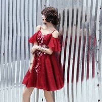 Burgundy lace short prom dress party dress - Thumbnail 2