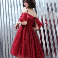 Burgundy lace short prom dress party dress - Thumbnail 3