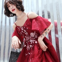 Burgundy lace short prom dress party dress - Thumbnail 4